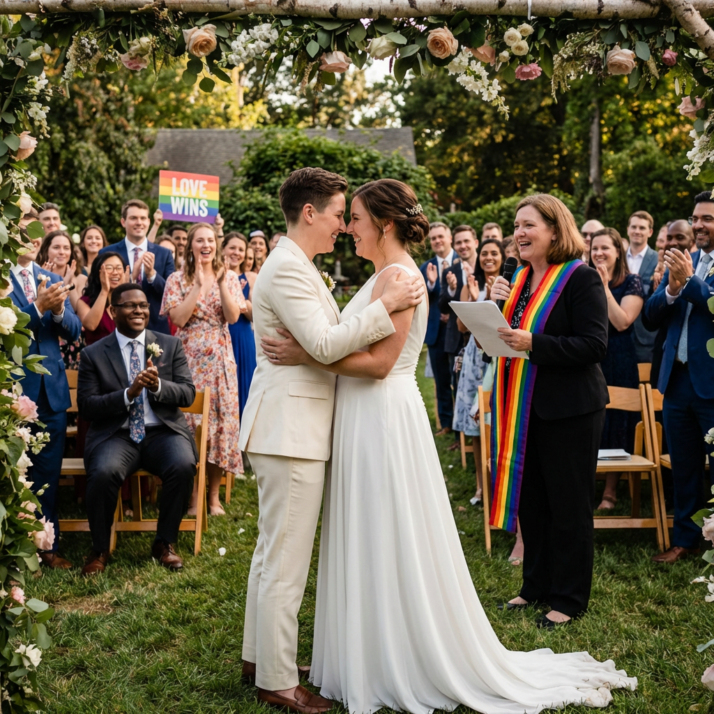 Two brides embrace under a floral arch during an outdoor wedding ceremony.